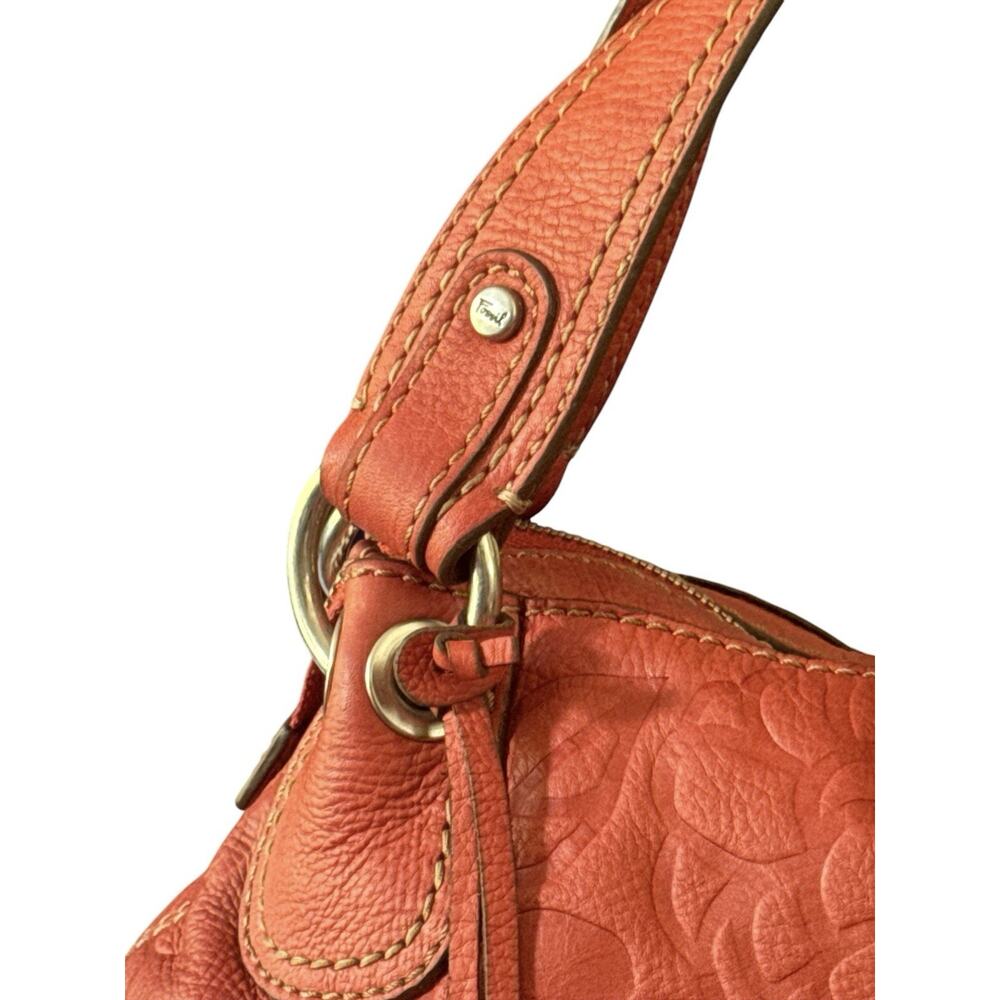Fossil Shoulder Bag Coral Embossed Floral Double Handle Tortoise Key Charm EUC - Picture 4 of 16